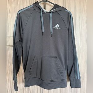 Adidas Men's Black Fleece Hoodie with Gray Stripes - Small